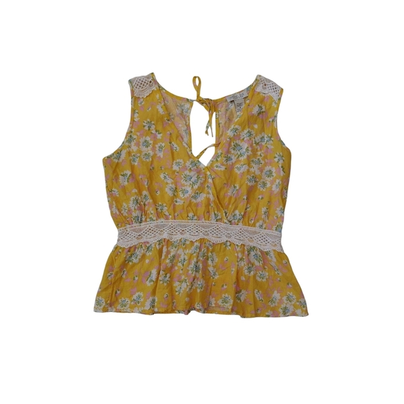 Floral Yellow Sleeveless Top with Lace Trim - Picture 1 of 8